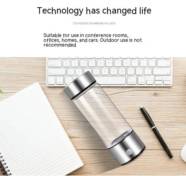 Silver hydrogen water generator bottle with borosilicate glass construction and rechargeable technology