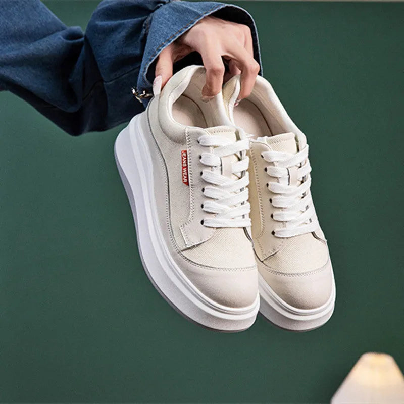 Women's pink and beige leather board shoes with thick soles for height increase