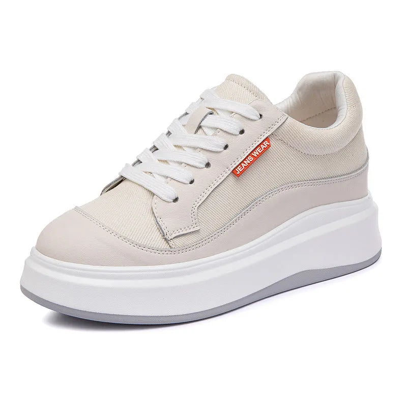 Women's pink and beige leather board shoes with thick soles for height increase