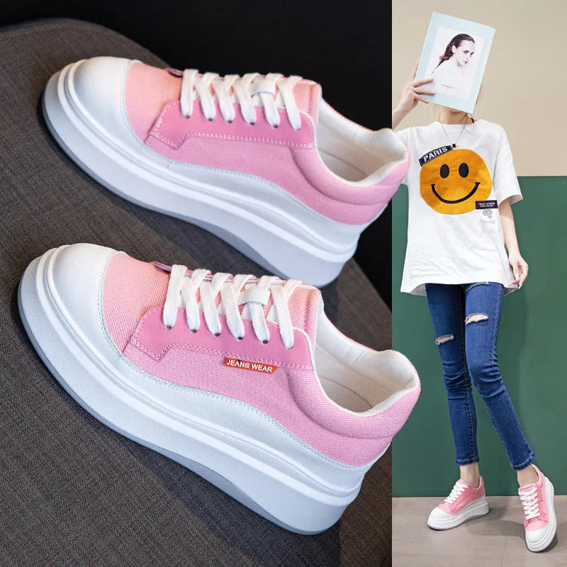 Women's pink and beige leather board shoes with thick soles for height increase