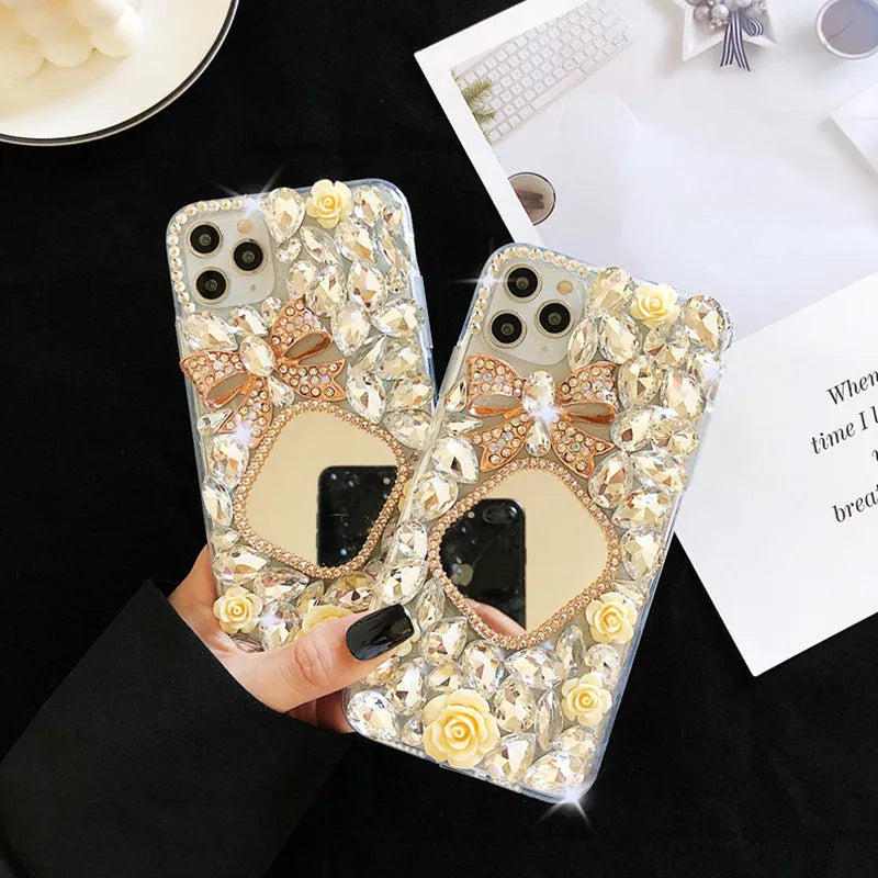 Handmade silicone phone case with rhinestone mirror diamond bow flower design in aura bright white flower for iPhone