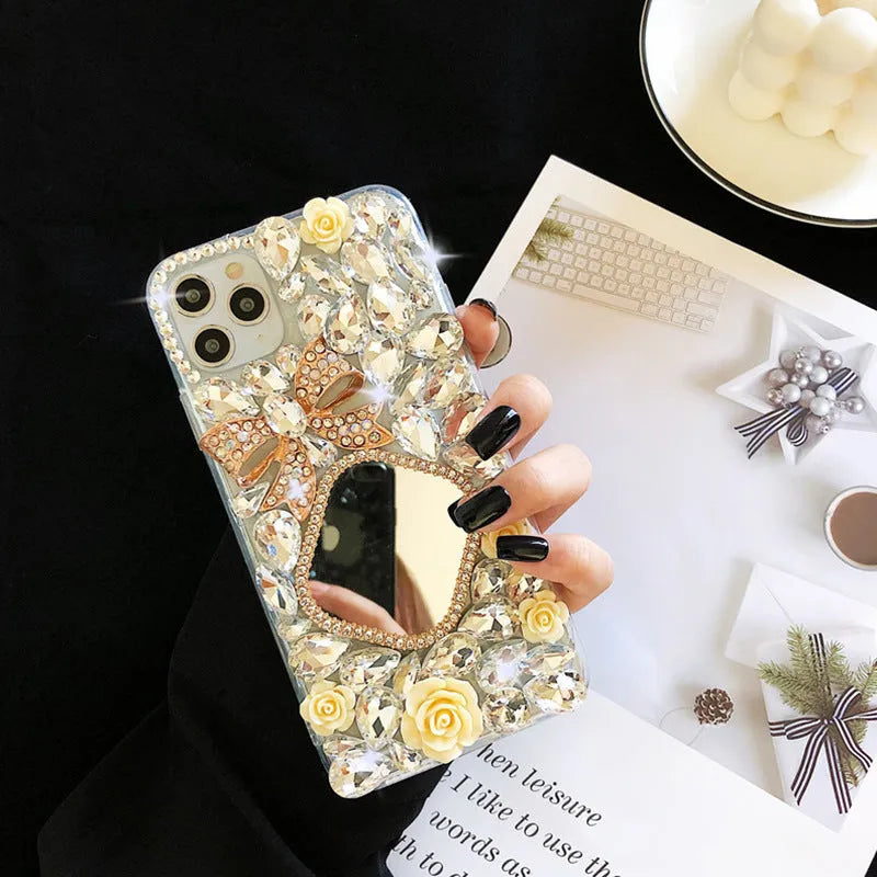 Handmade silicone phone case with rhinestone mirror diamond bow flower design in aura bright white flower for iPhone