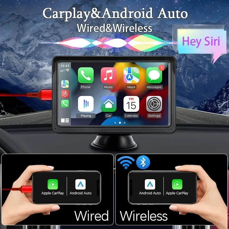 7-inch car multimedia display screen with wireless CarPlay and Bluetooth 5.0 connectivity for vehicle installation