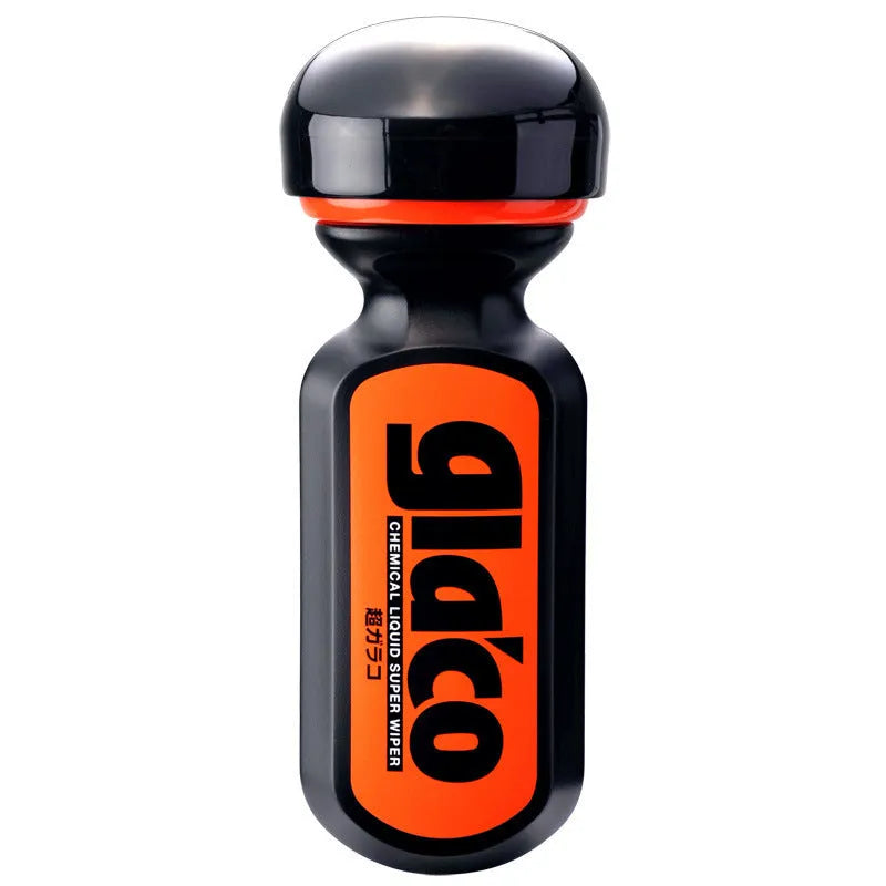 70ml bottle of transparent car glass rain repellent liquid with water beading on a windscreen.