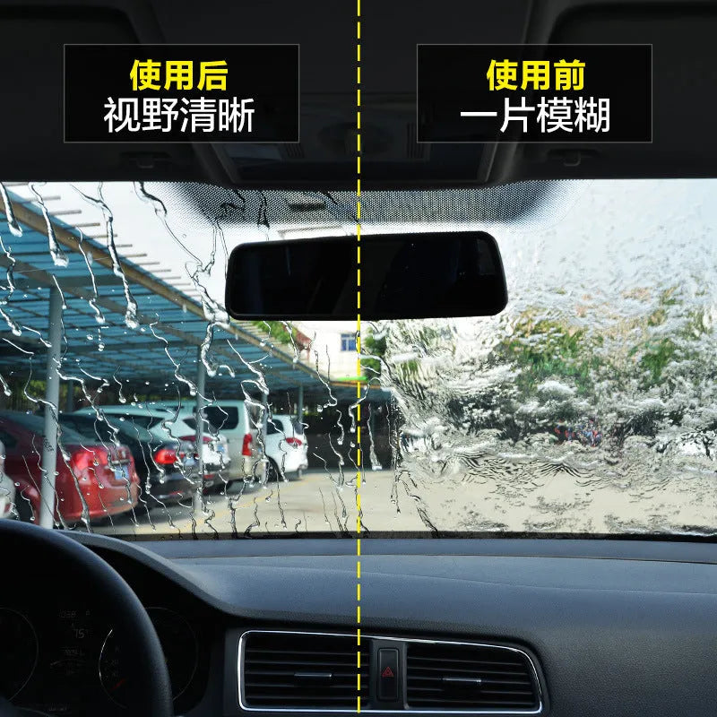 70ml bottle of transparent car glass rain repellent liquid with water beading on a windscreen.