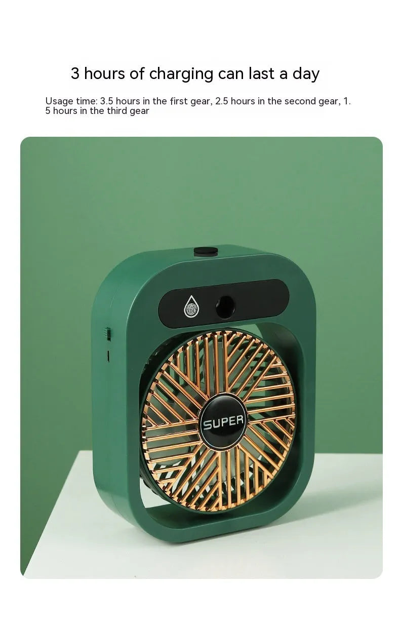 USB misting fan and humidifier in green or white, with three wind speeds and adjustable direction