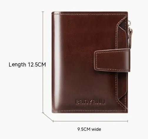 Vintage men's genuine leather oil wax short wallet with anti-theft RFID protection in brown two-fold style