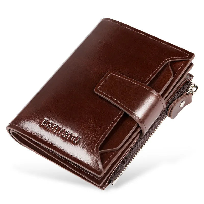 Vintage men's genuine leather oil wax short wallet with anti-theft RFID protection in brown two-fold style