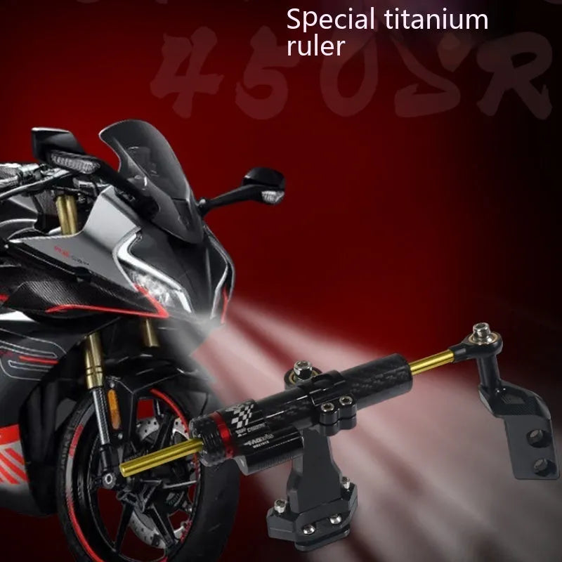 Titanium adjustable damper bracket for CFMoto 450SR motorcycle in black carbon fibre finish