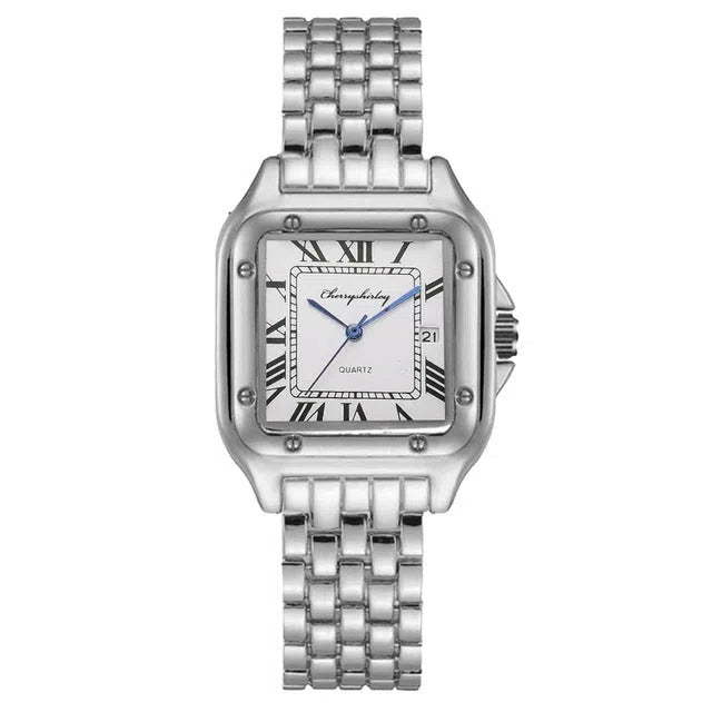 Fashion stainless steel square couple quartz watch with 28mm dial in silver white, gold, and rose gold finishes.