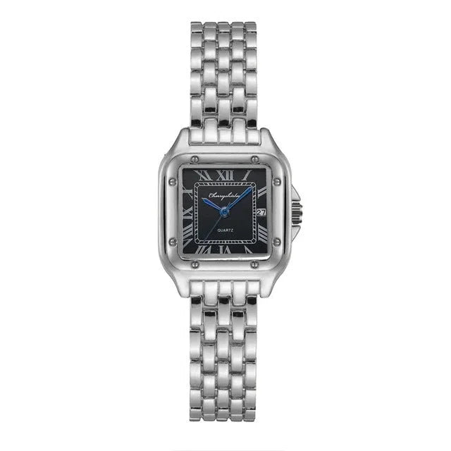 Fashion stainless steel square couple quartz watch with 28mm dial in silver white, gold, and rose gold finishes.