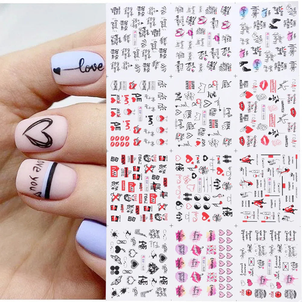 Love lip print letter nail sticker sheet measuring 16x25.5cm with black and red kiss designs