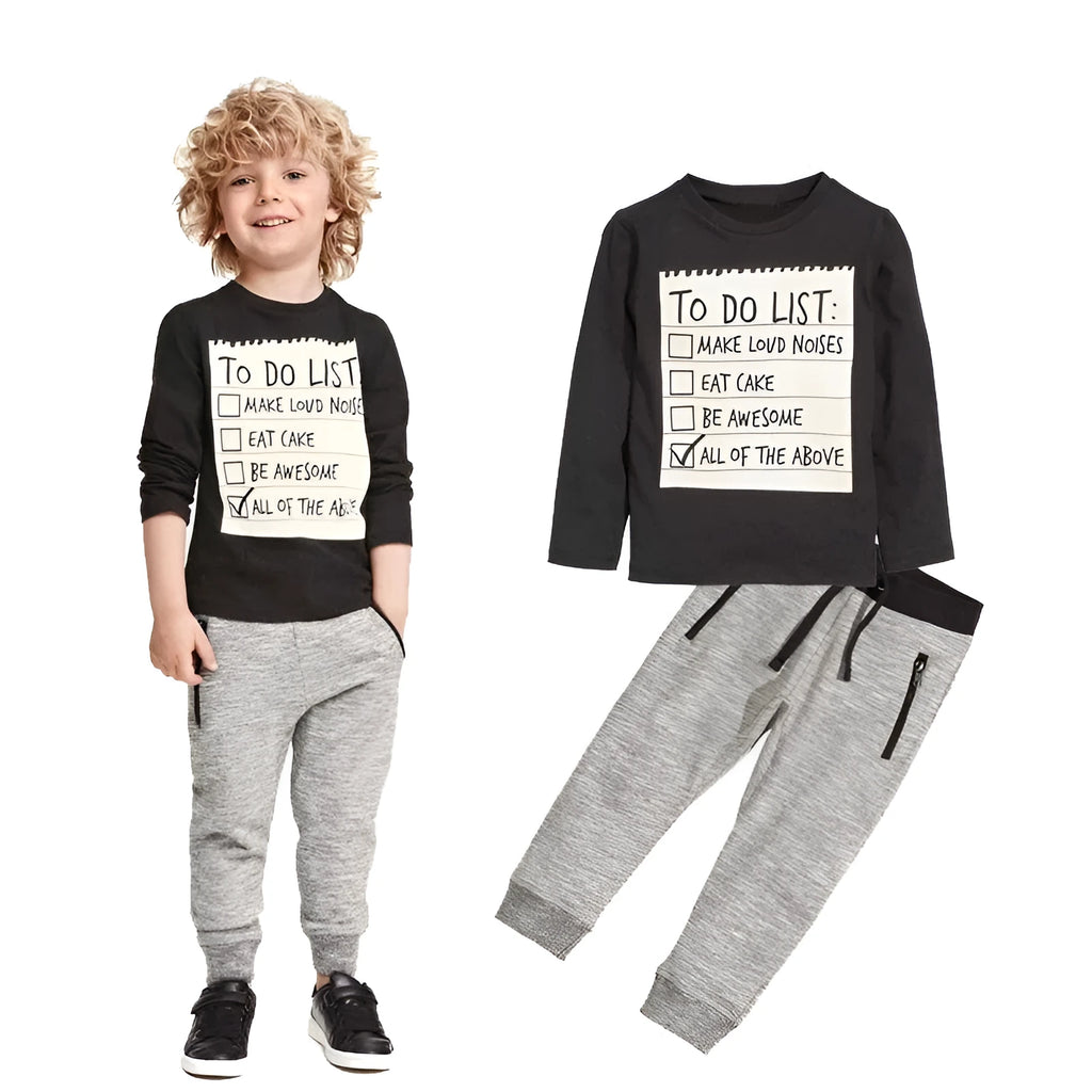 Casual cotton two-piece suit for a boy, with long sleeve letter print T-shirt and matching pants.