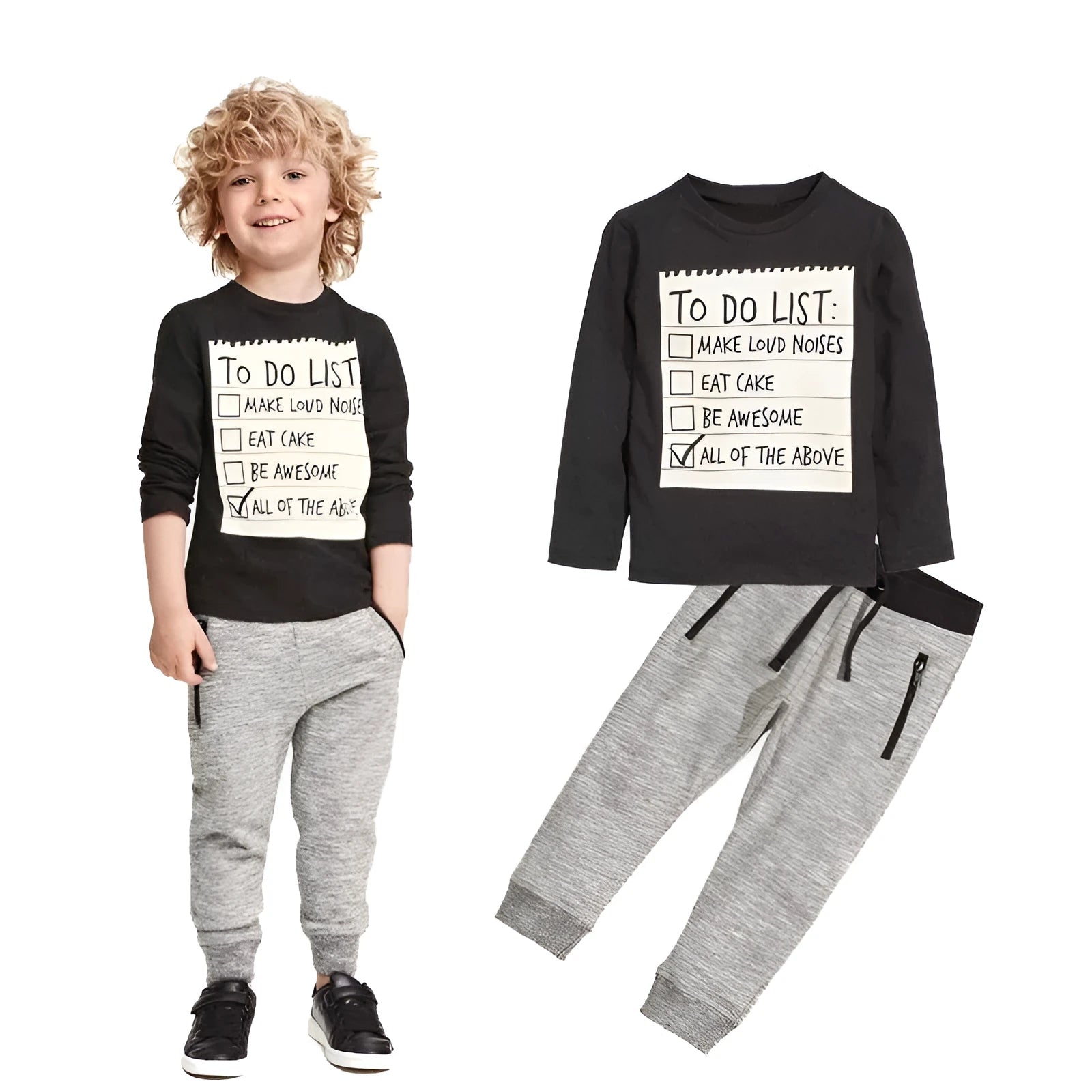 Casual cotton two-piece suit for a boy, with long sleeve letter print T-shirt and matching pants.