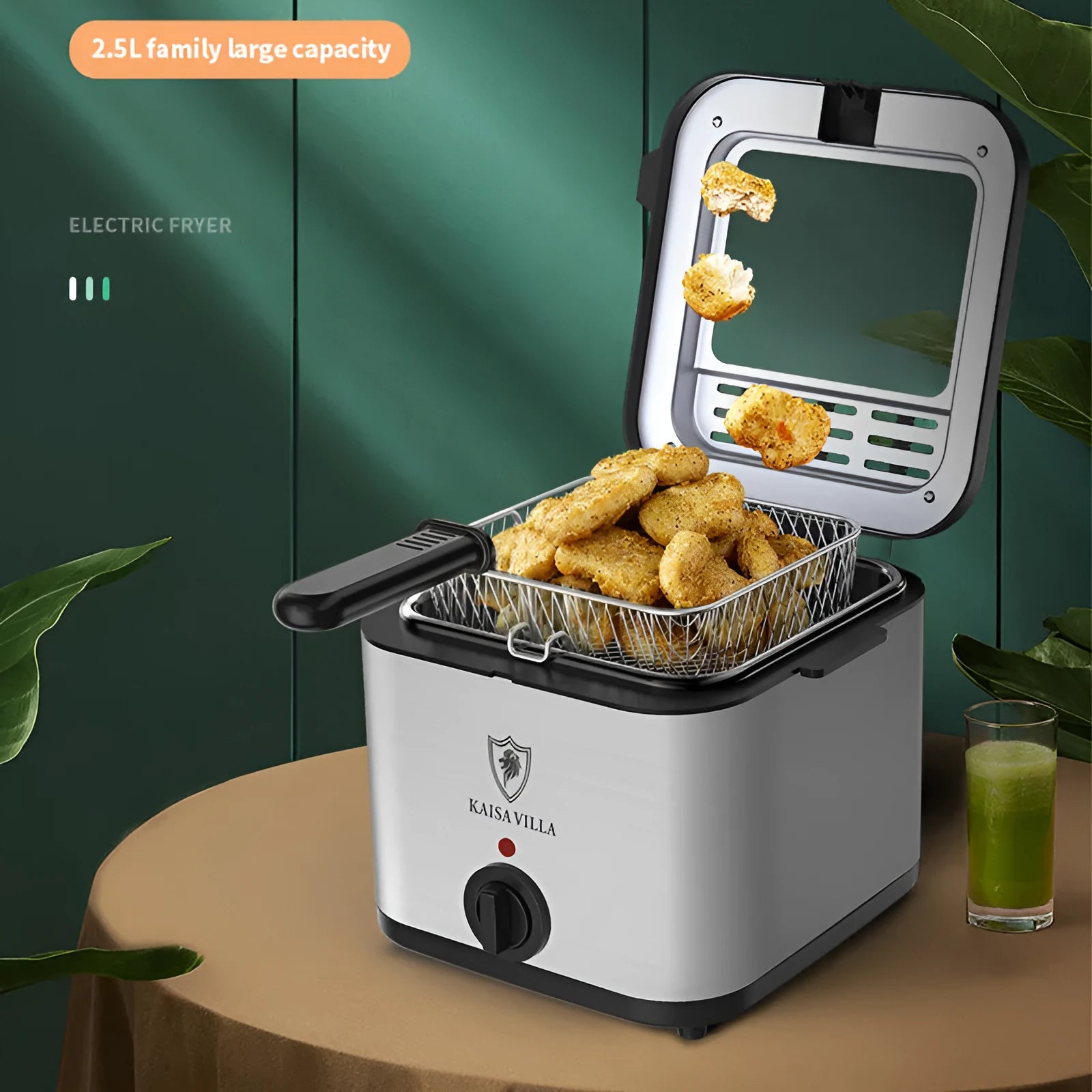 Silver 2.5-litre stainless steel electric air fryer with a detachable frying basket.