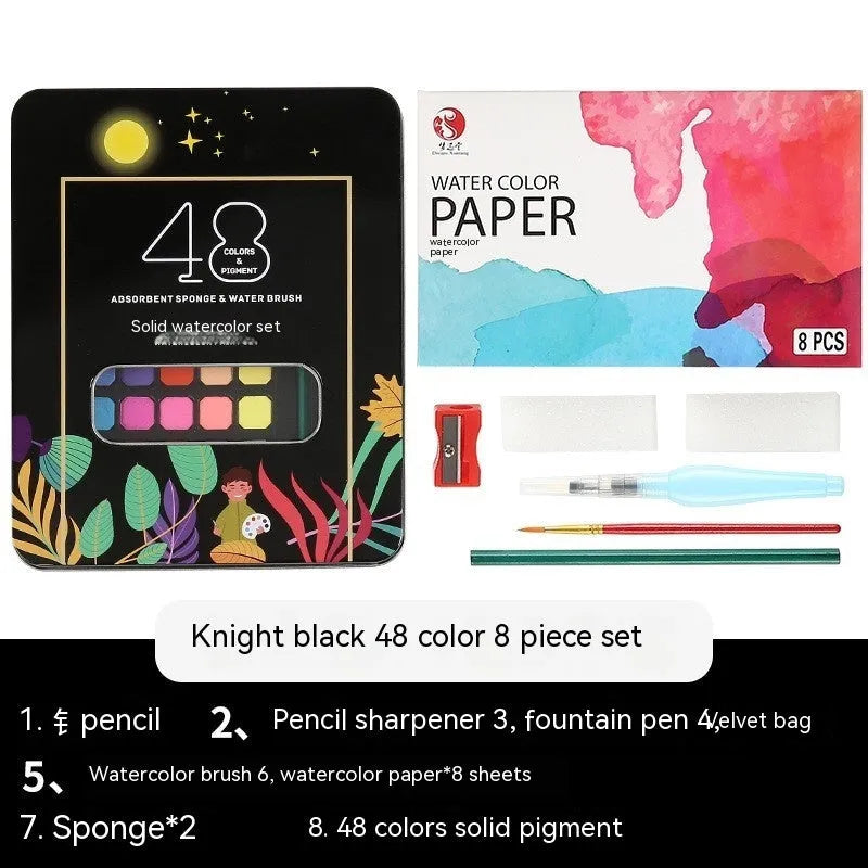 Boxed set of 48 solid watercolour paint blocks for gouache painting and sketching.