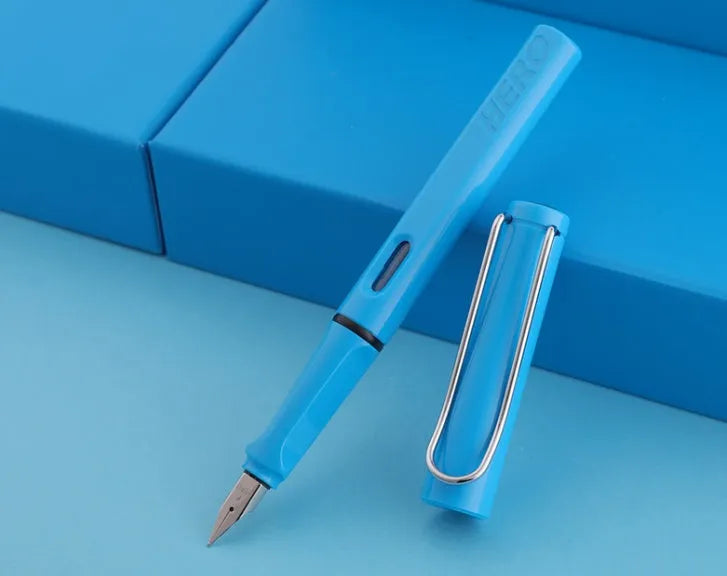 Engravable fountain pen with iridium nib, visual ink window, 0.38mm and 0.5mm options, plastic metal barrel