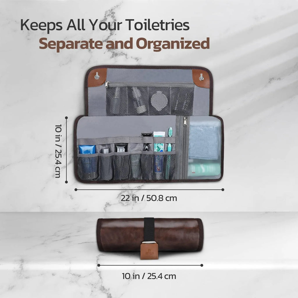 Men's black PU travel wash bag with portable reel design and storage compartments