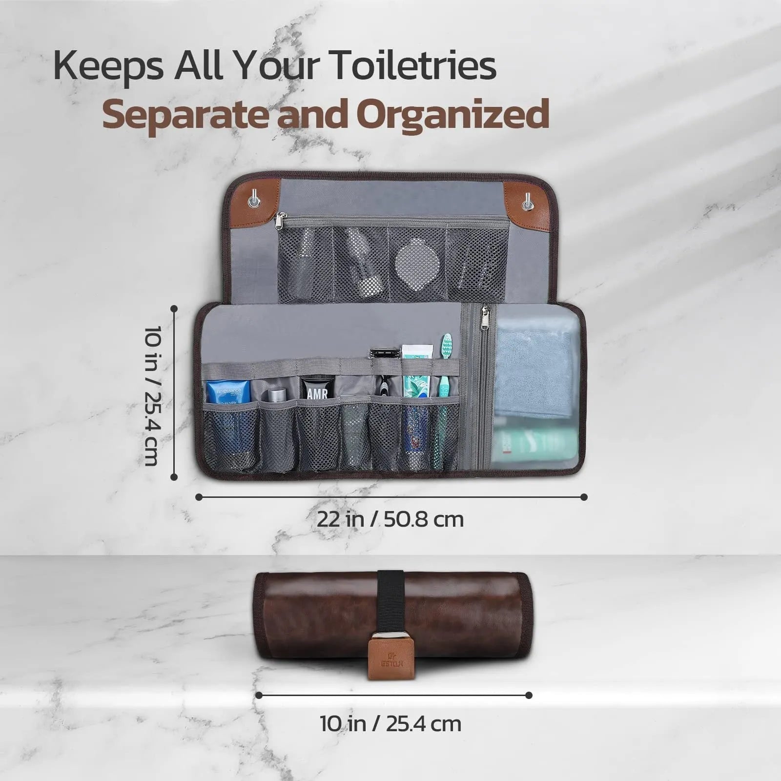 Men's black PU travel wash bag with portable reel design and storage compartments