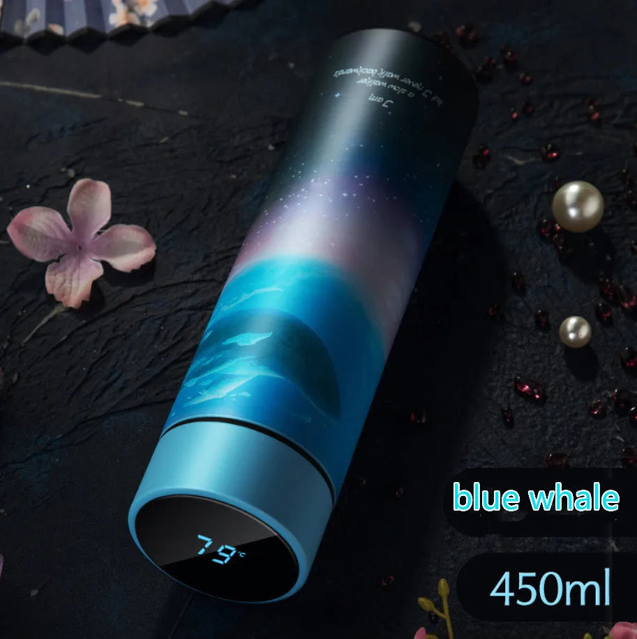 Stainless steel vacuum flask with LED touch display showing temperature, 500ml capacity, 304 stainless steel construction, gold colour