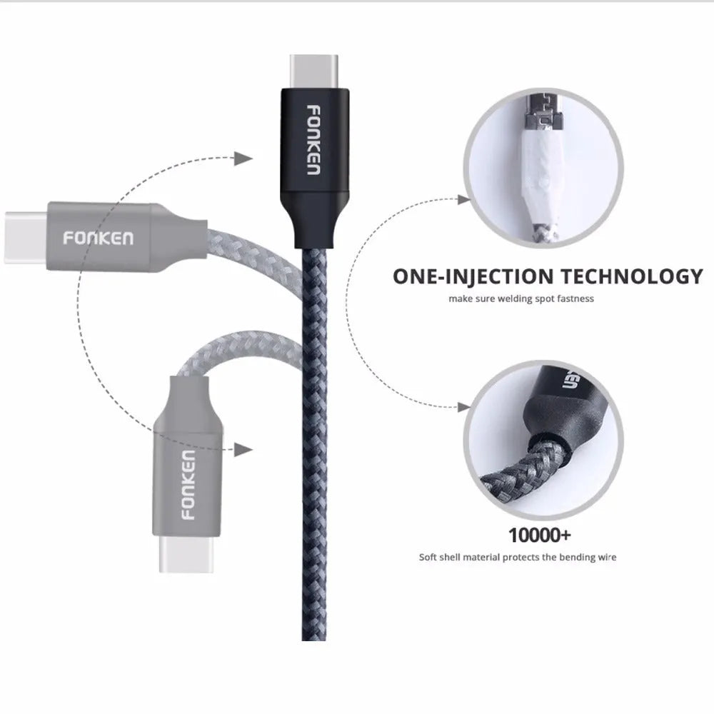 Fonken fast charging cable with pure oxygen-free copper core, woven exterior, black or white, 0.35m to 3m.