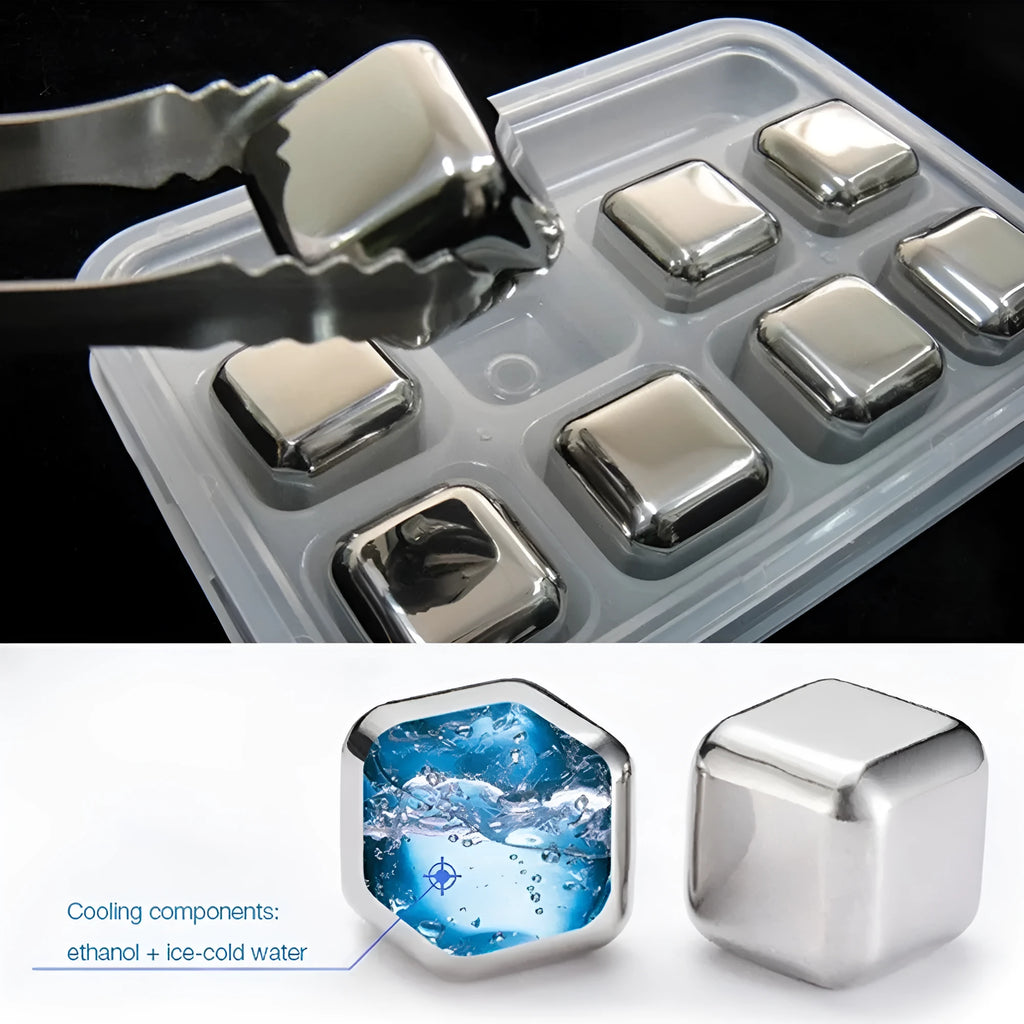 Stainless steel whiskey chilling stones in square, ball, diamond, and heart shapes with handling clip
