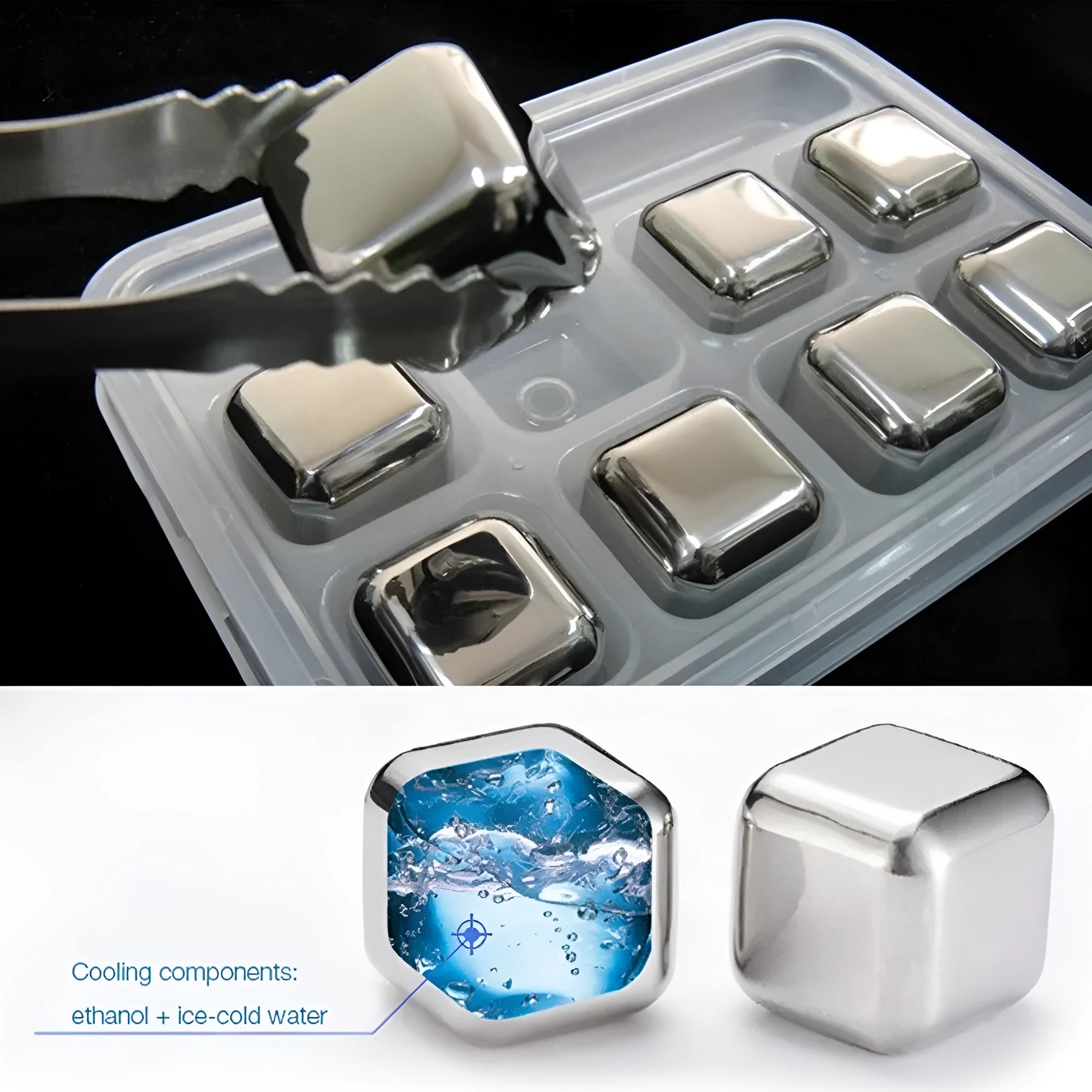 Stainless steel whiskey chilling stones in square, ball, diamond, and heart shapes with handling clip