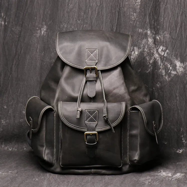 Women crazy horse leather backpack oval shape black brown drawstring buckle flap pockets first layer cowhide