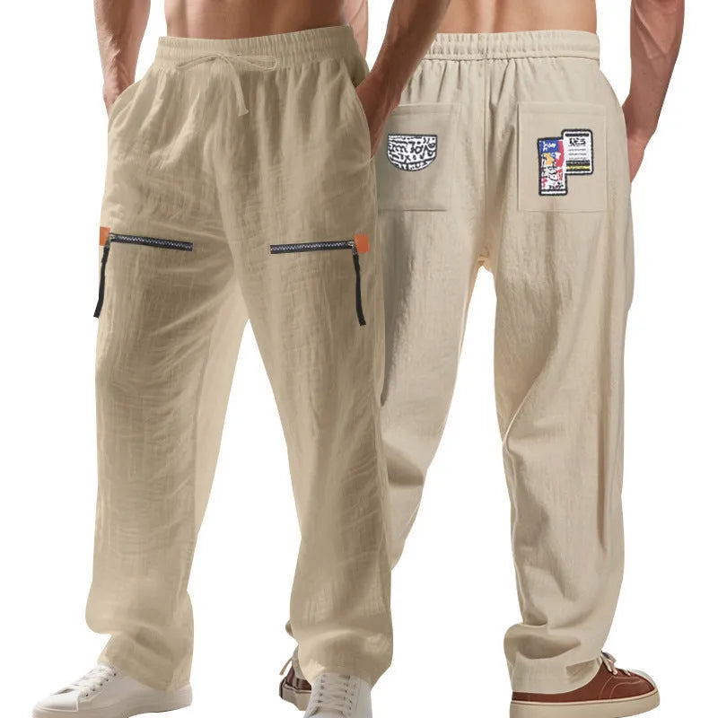 Men's linen blend straight leg casual trousers in solid colour with drawstring waist