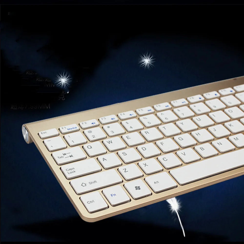 2.4G wireless keyboard and mouse combo set in Gold, Rose Gold, or Silver with 78 keys and shared USB receiver