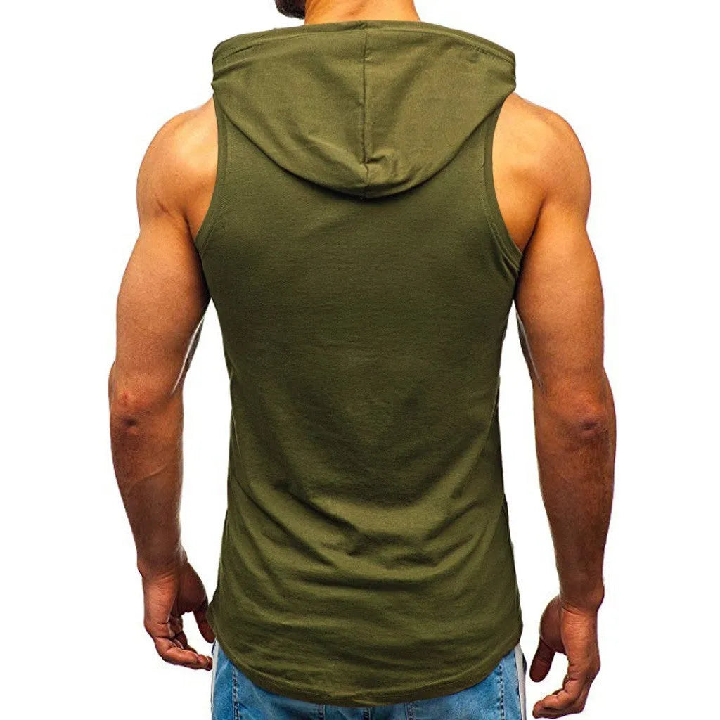 Men's sleeveless letter print hoodie vest in white, black or army green, with patch pocket and round hem.