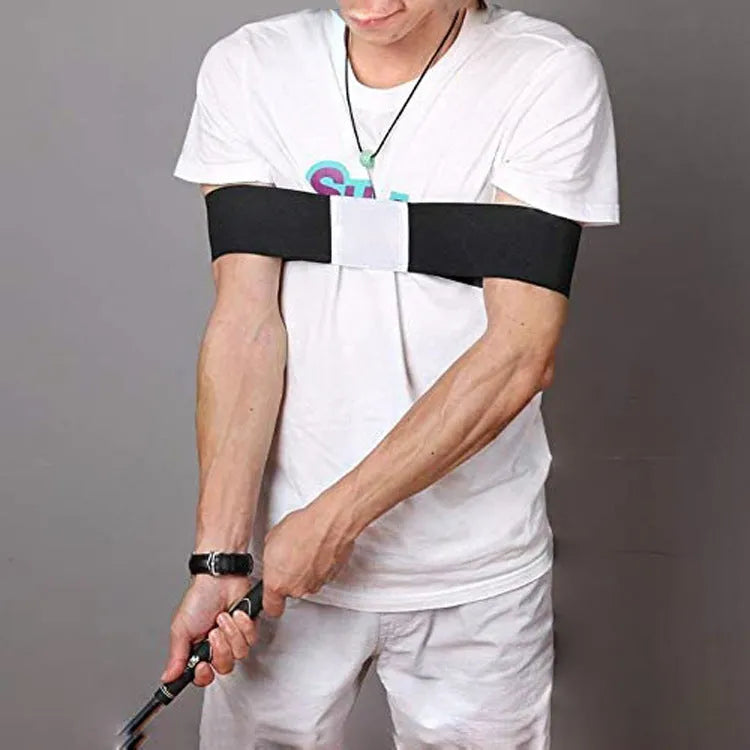 Black golf hand movement correction belt, elastic band, 80x350mm, portable training aid for golf swing practice.