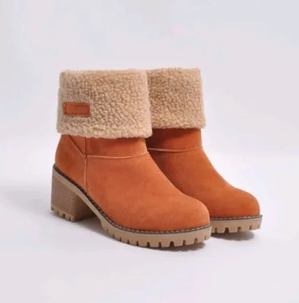 Women's mid-calf suede snow boots with a low flat heel and round toe in various colours.