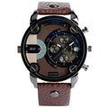 Large 43mm round quartz watch with leather strap, alloy case, and stainless steel pin buckle in black or brown