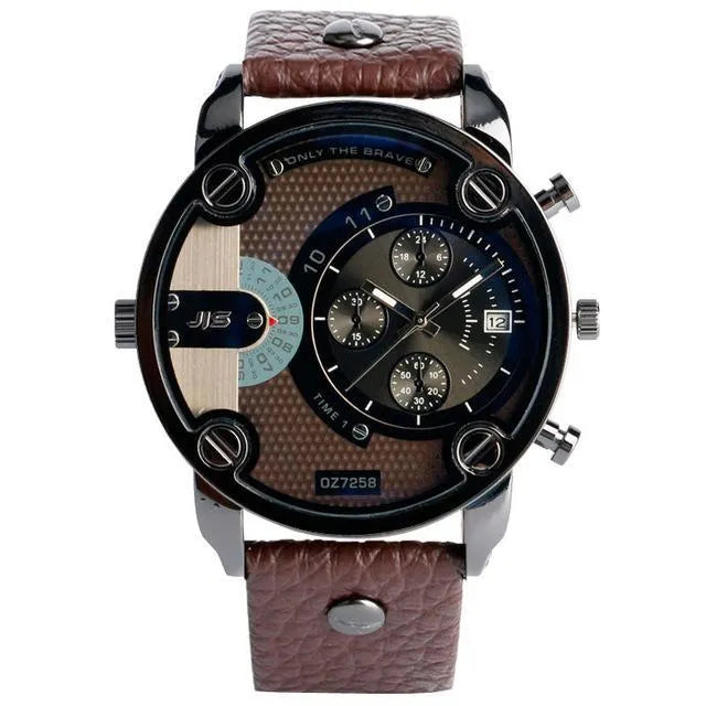Large 43mm round quartz watch with leather strap, alloy case, and stainless steel pin buckle in black or brown