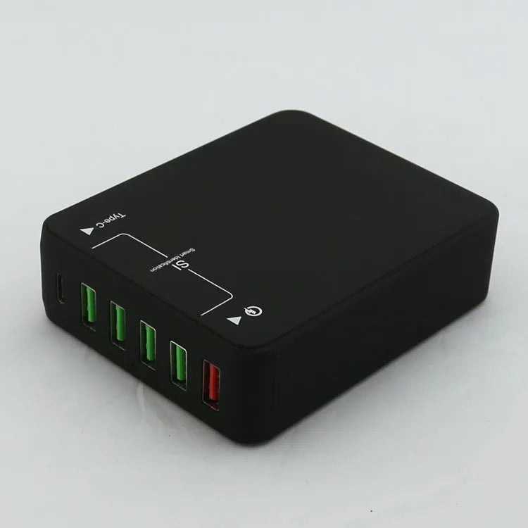 Black multi-port USB mobile phone charger with 8000mA current, 5V output and AU EU UK US model options