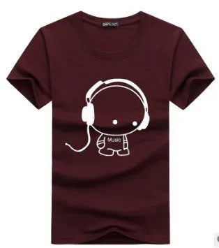 Men's loose casual short sleeved T-shirt with round neck and cartoon print, cotton blend, sizes S to 5XL, eight colours.