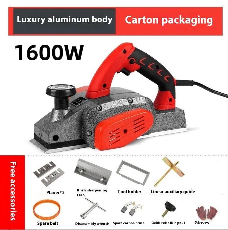 Red aluminium-shell electric wood planer with 82mm planing width and 1400W motor for carpentry tasks.