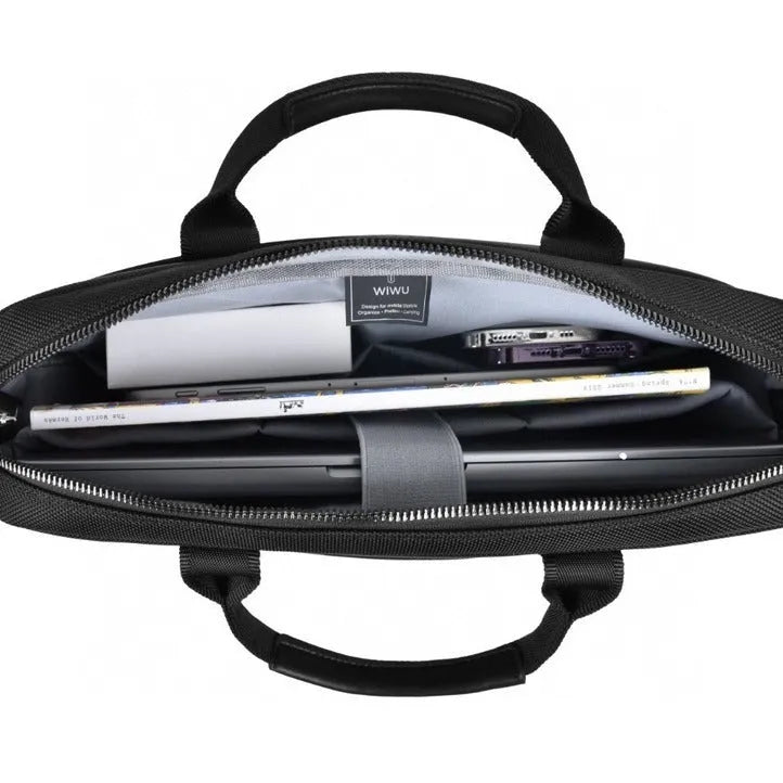 Black Oxford cloth laptop handbag showing multiple pockets and a lock, suitable for a 15.6-inch device.