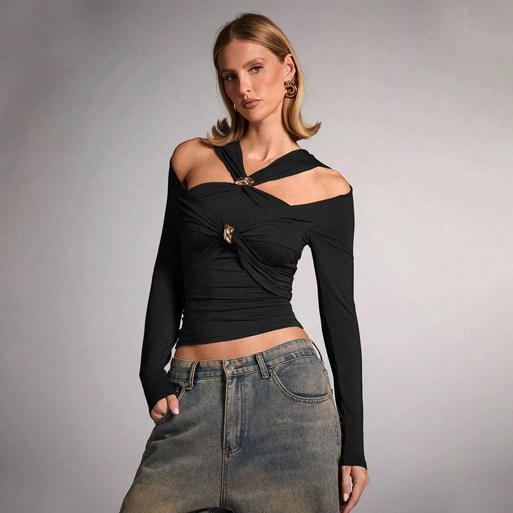 Black women's halter top with long sleeves and a slim fit on a mannequin.