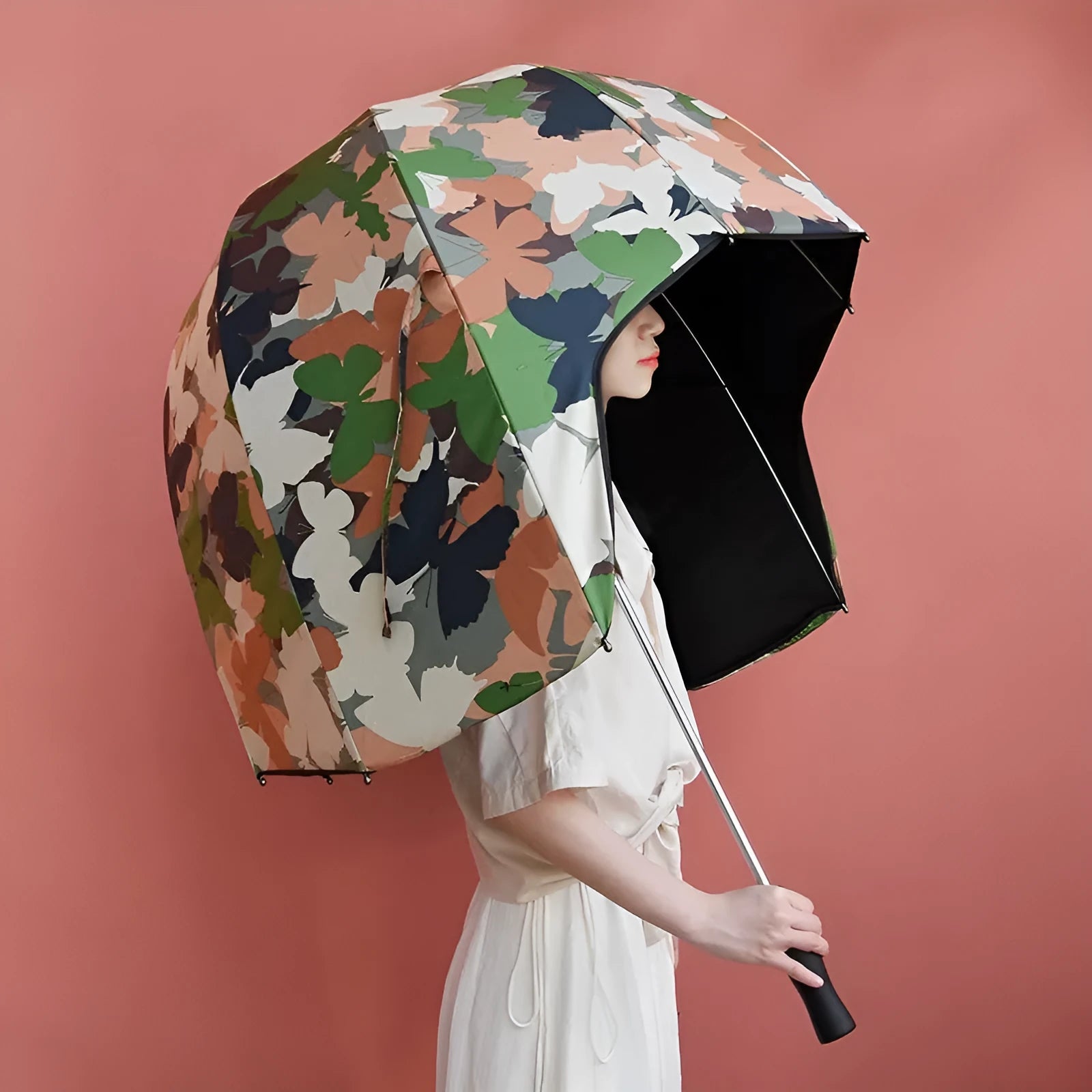 76cm diameter helmet umbrella with long handle in various colour options including vinyl-coated patterns