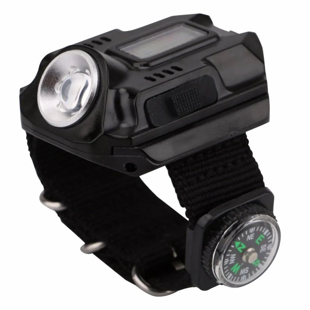 Black LED wrist watch flashlight with compass and time display, USB rechargeable, 4 mode, 100g, 22 x 2.4cm wristband