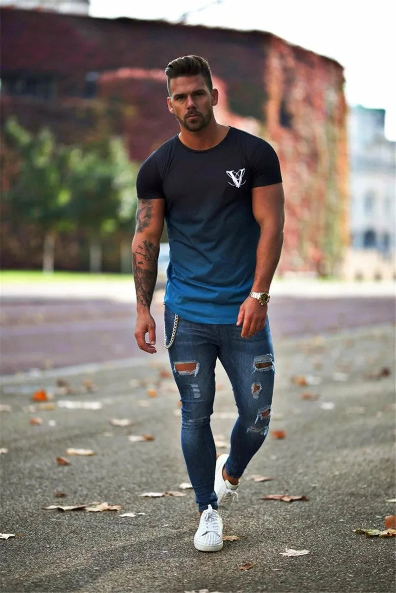 Cotton muscle fitness top in black yellow, black red, black blue, or white, sizes M to XXL