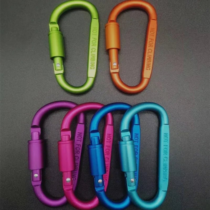Flat 8 cm D-shaped aluminium locking carabiner in a selection of colours.