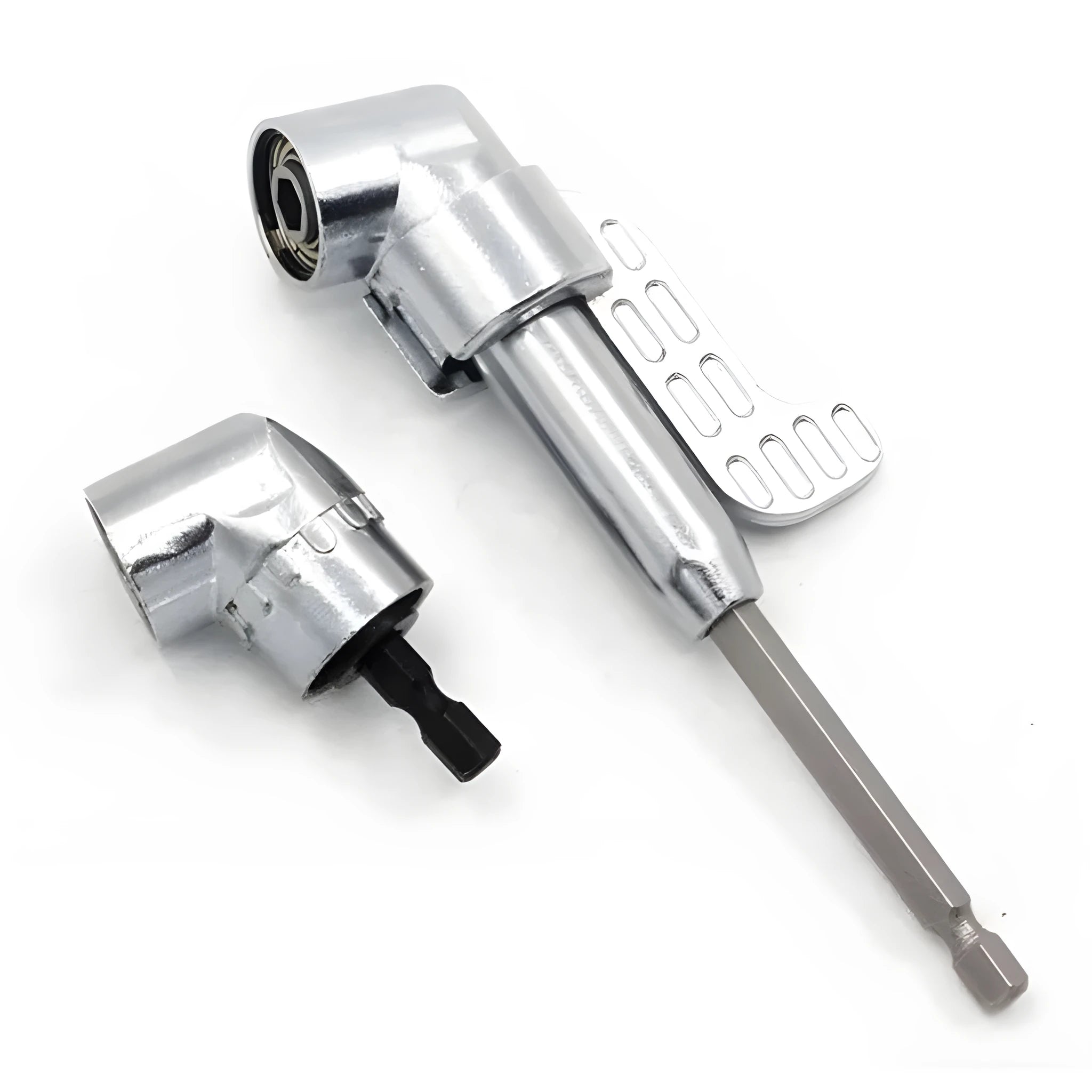 Silver 105 degree right angle driver attachment with magnetic lock for hex shank drills