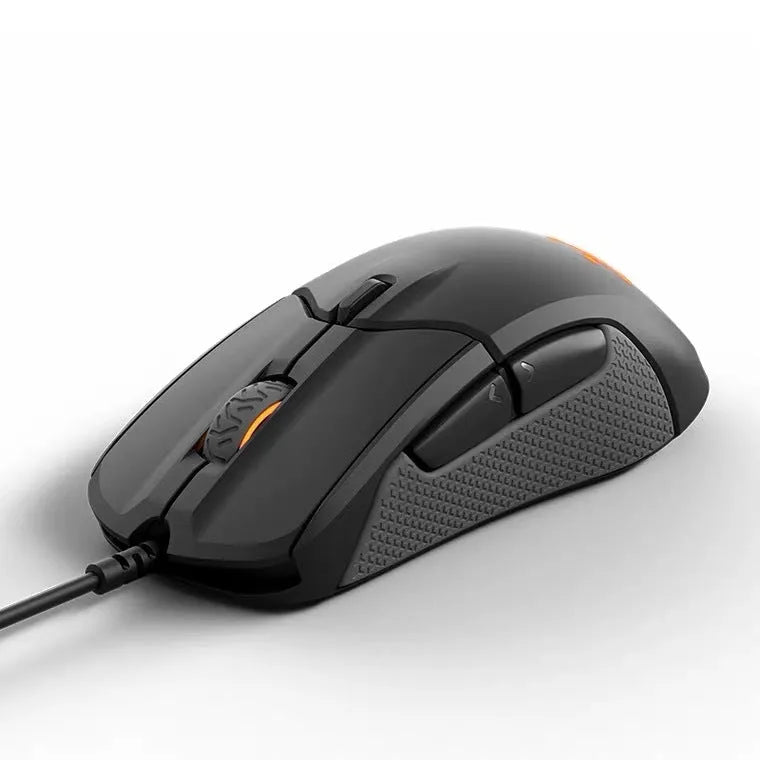 Black wired gaming mouse with 6 buttons, ergonomic shape, USB cable, 12000 DPI sensor