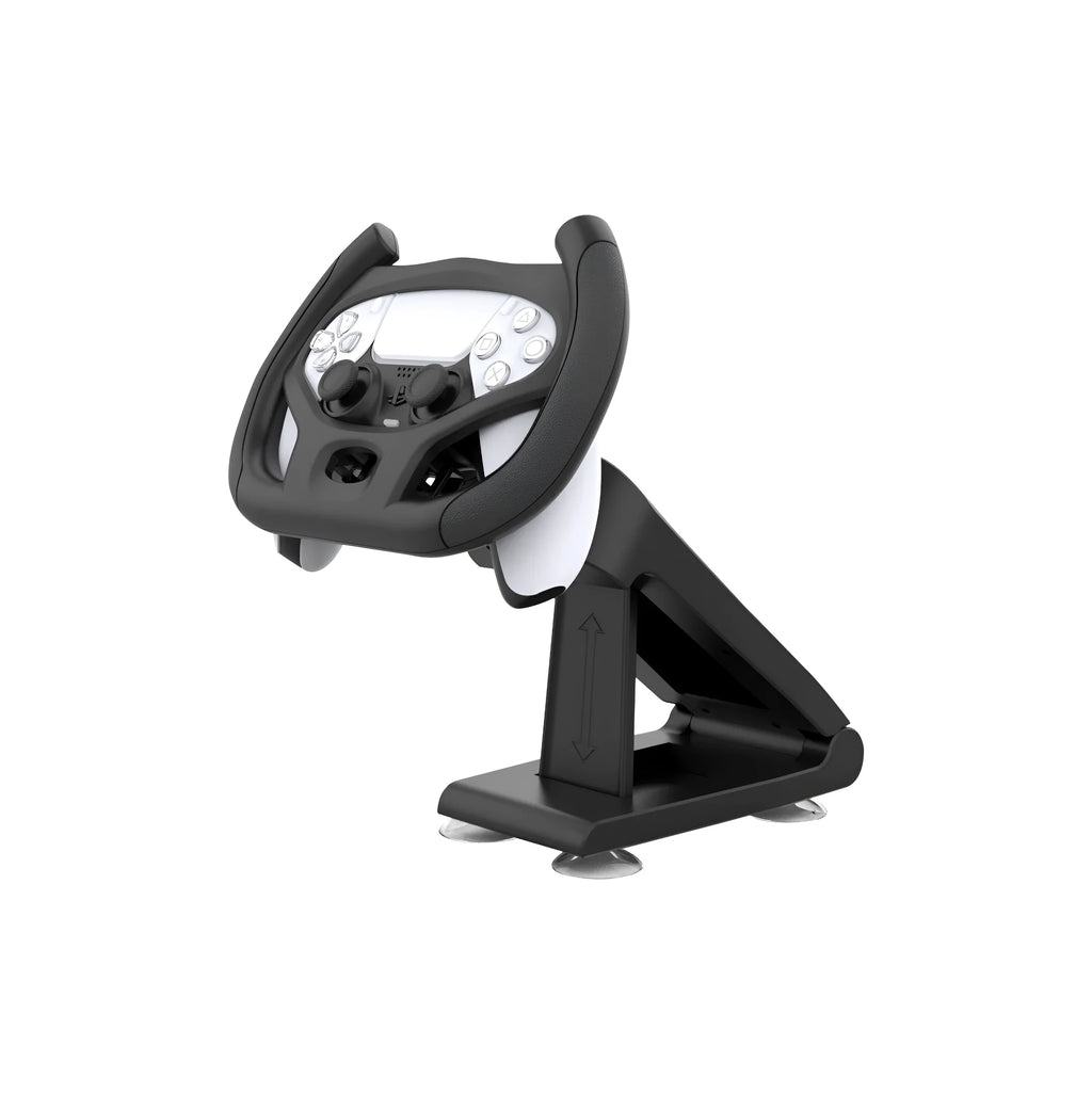 Black ABS plastic steering wheel bracket with suction cup for attaching a mobile phone to a gamepad.