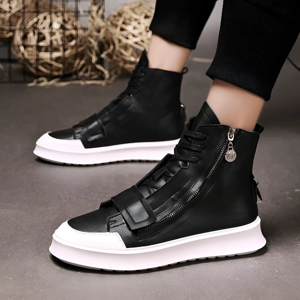 Men's black and white high-top sneaker-style ankle boots made from microfibre PU leather.