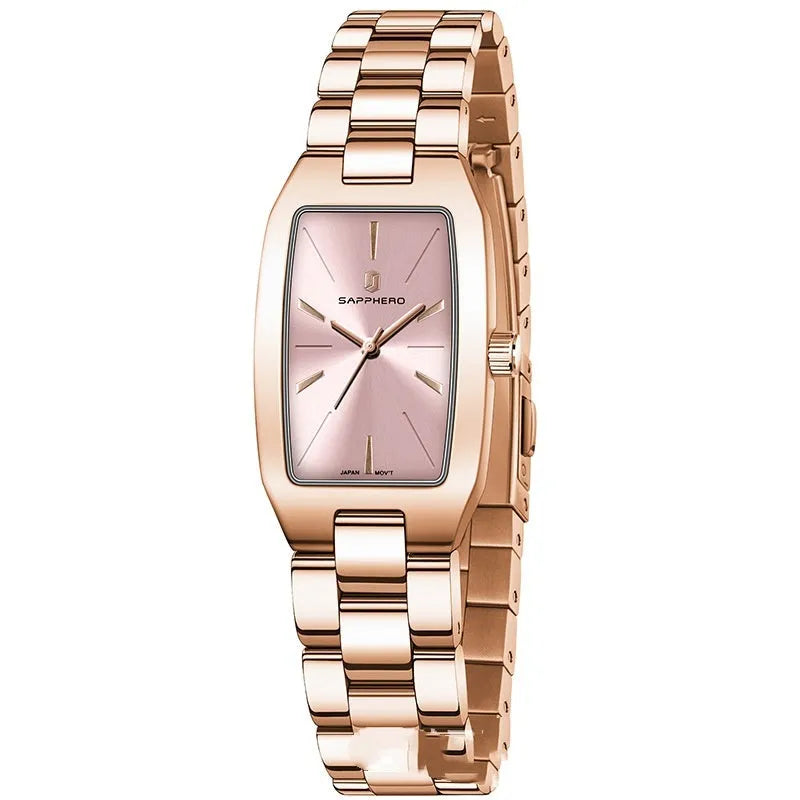 Women's niche personality quartz watch, 8mm thickness, spiral crown, pin buckle, rose red dial, ordinary glass mirror