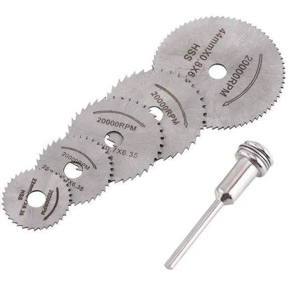 Set of six high-speed steel circular saw blades and a mandrel on a white background
